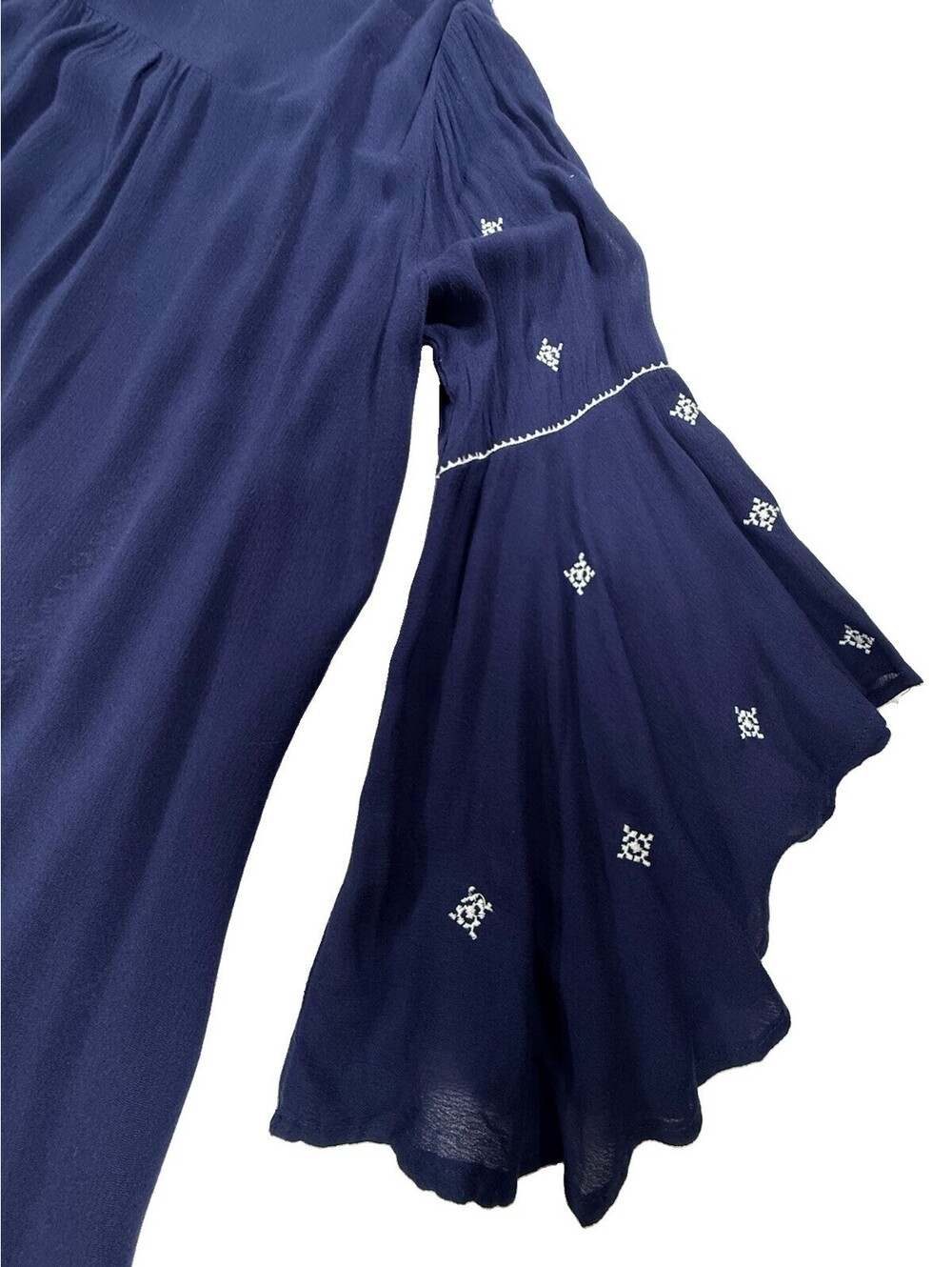 Umgee XL Navy Blue Embroidered Boho Tunic Bell Sleeve Peasant Blouse Cotton - Picture 5 of 12